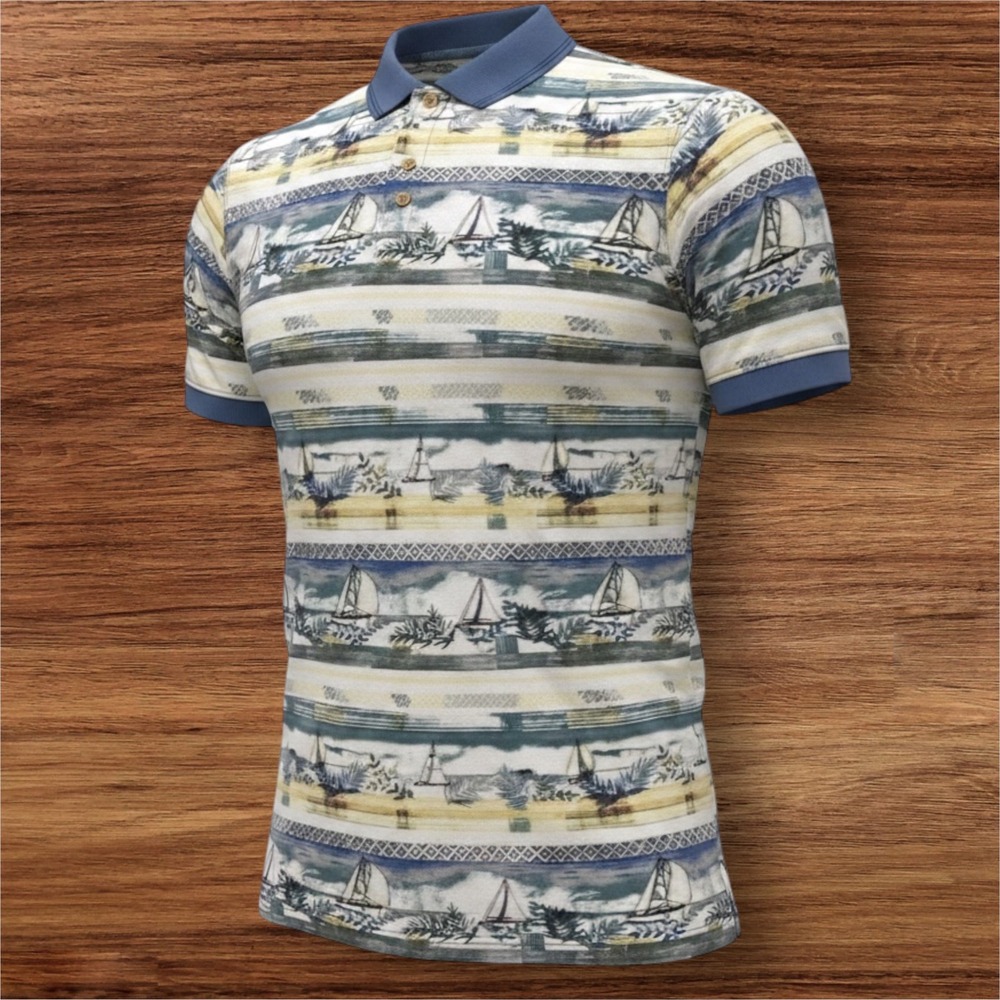 Ringo Sport Mens Large Sailboat Nautical Print Polo Shirt Cotton Short Sleeve L